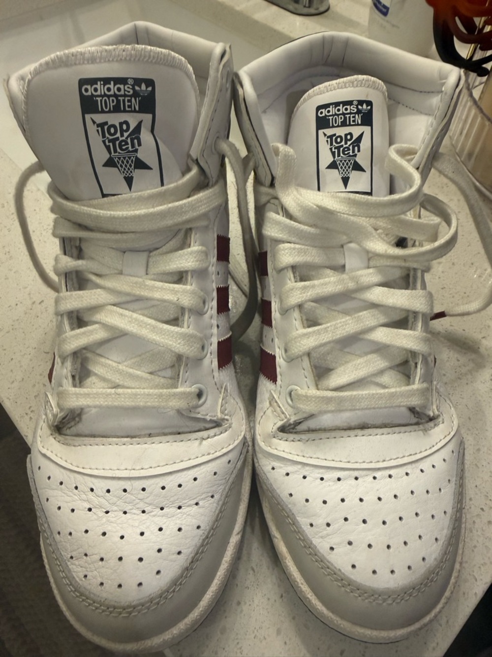 adidas White and Red Top Ten High-Top Sneakers